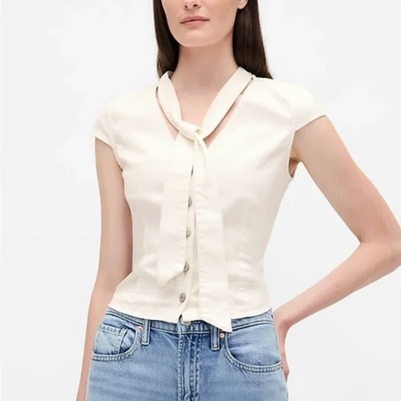 GAP Cream Tie-Neck Cap Sleeve Button Front Blouse - Picture 4 of 5